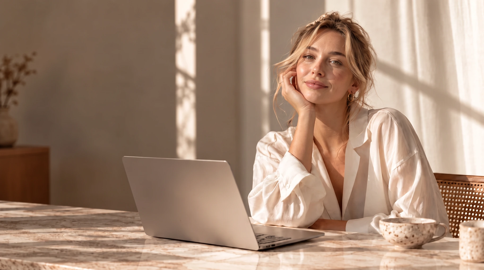 Warm, sunlit studio with a woman in an ivory blouse at her laptop.